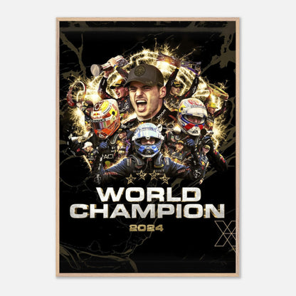 Max Verstappen 2024 F1 World Champion fine art print featuring iconic moments and vibrant design.