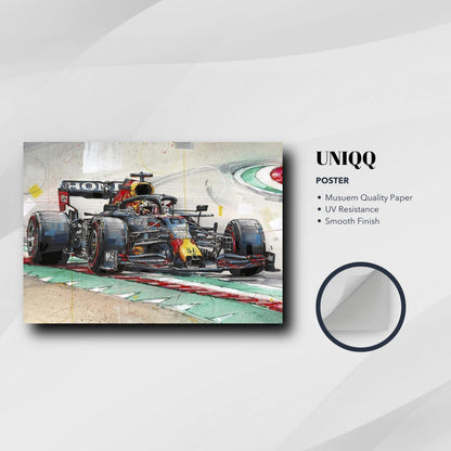 Max Verstappen F1 poster on premium paper, showcasing his racing car in vibrant colors with a smooth finish.