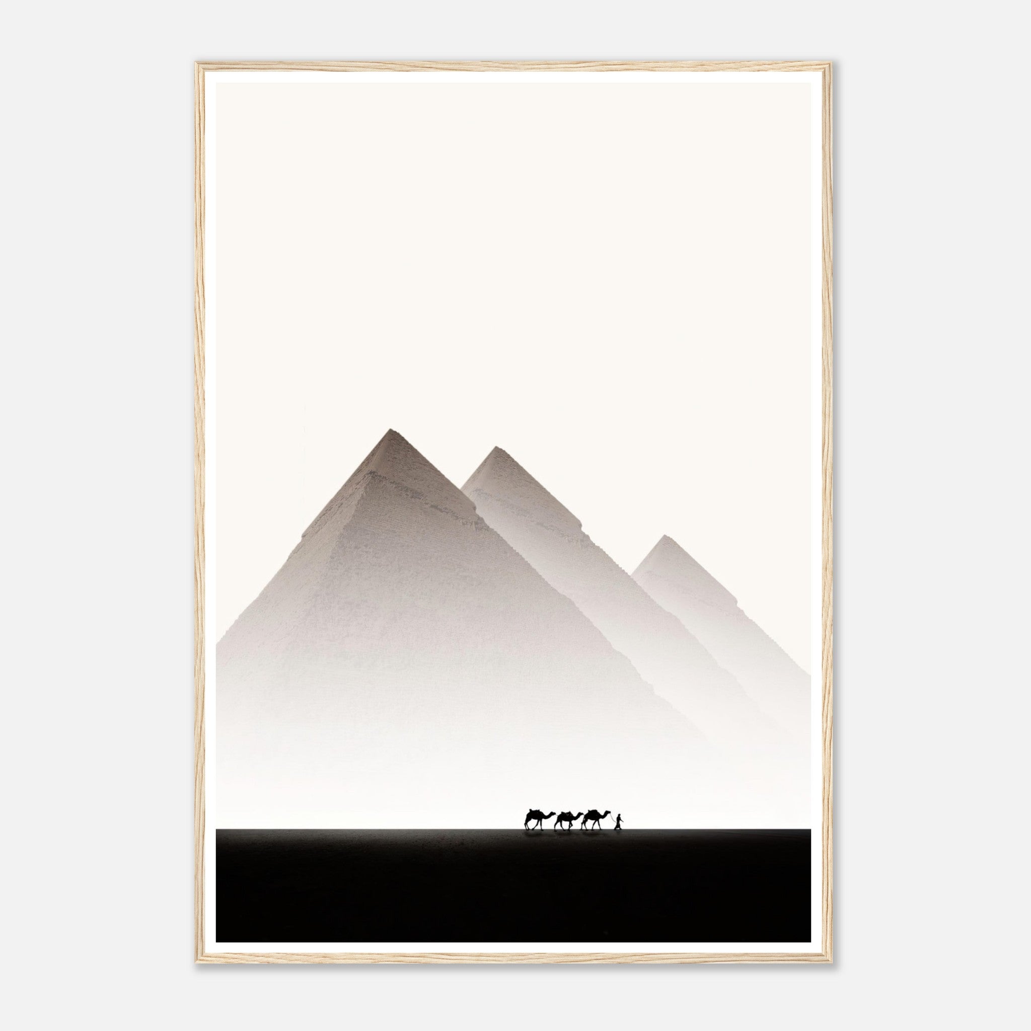 Framed print of Pyramids of Giza with silhouettes of camels against a minimalist desert backdrop.