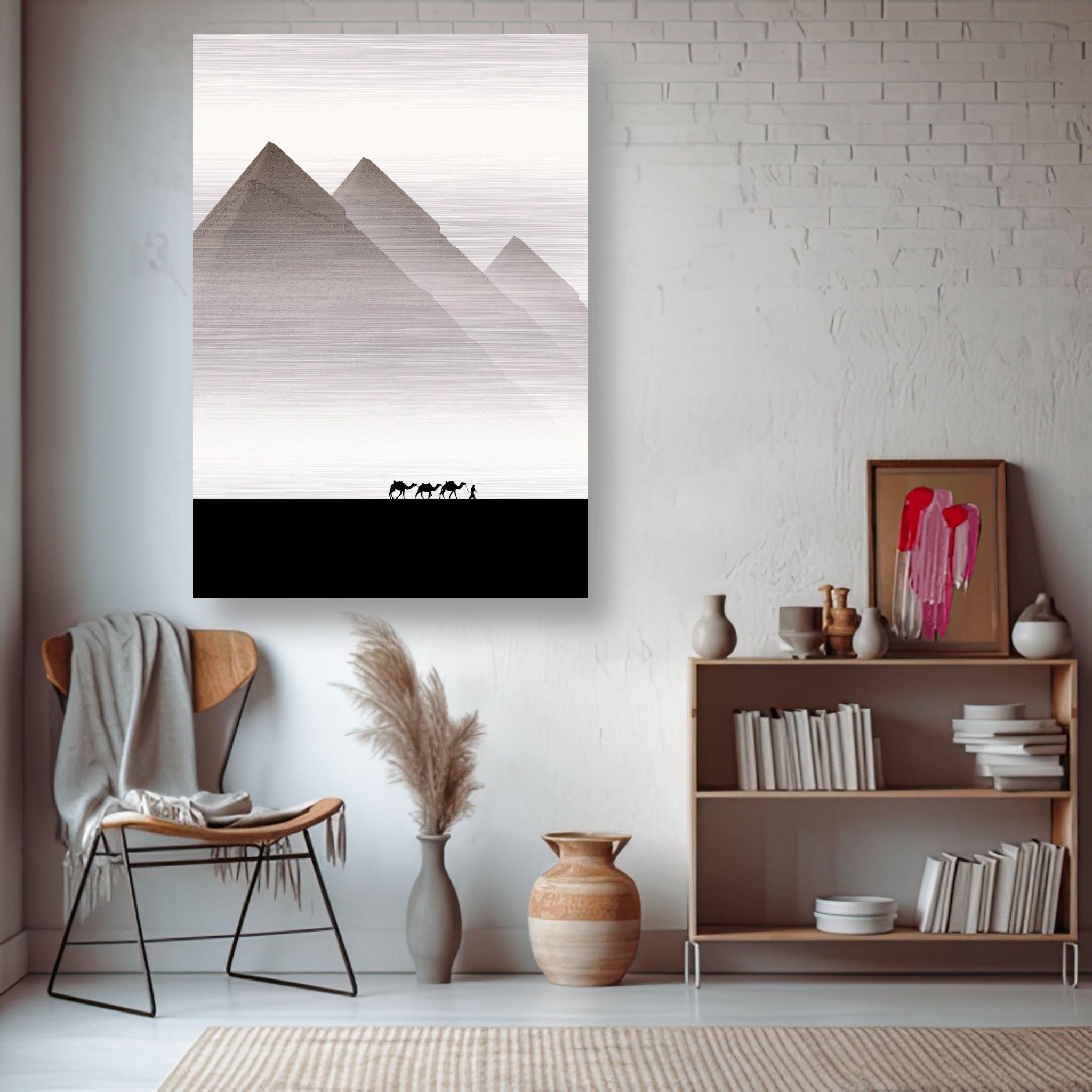 Modern artwork of the Pyramids of Giza in brushed metal texture, enhancing a minimalist home decor setting.