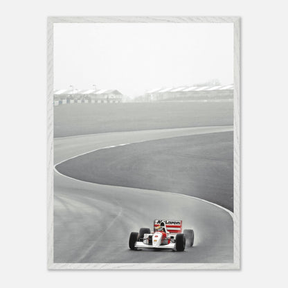 1988 Ayrton Senna driving the McLaren MP4/4 on track vintage framed art photography.