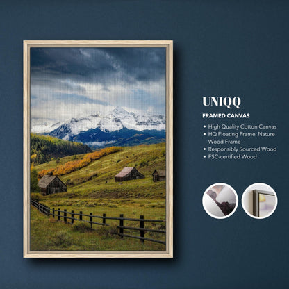 Telluride, Colorado framed canvas print with rustic barns and snow-capped mountains, enhancing home decor with nature's beauty.