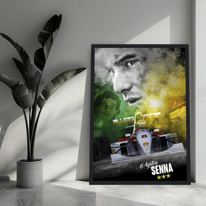 Framed print of Ayrton Senna in a McLaren, featuring vibrant colors and striking artwork in a stylish setting.