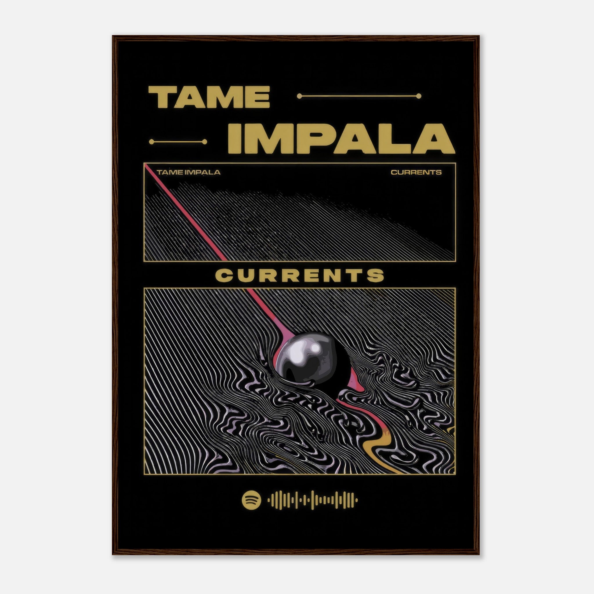 Tame Impala Currents framed poster featuring vibrant psychedelic artwork and album details in bold design.