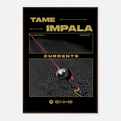 Tame Impala Currents framed poster featuring vibrant psychedelic artwork and album details in bold design.