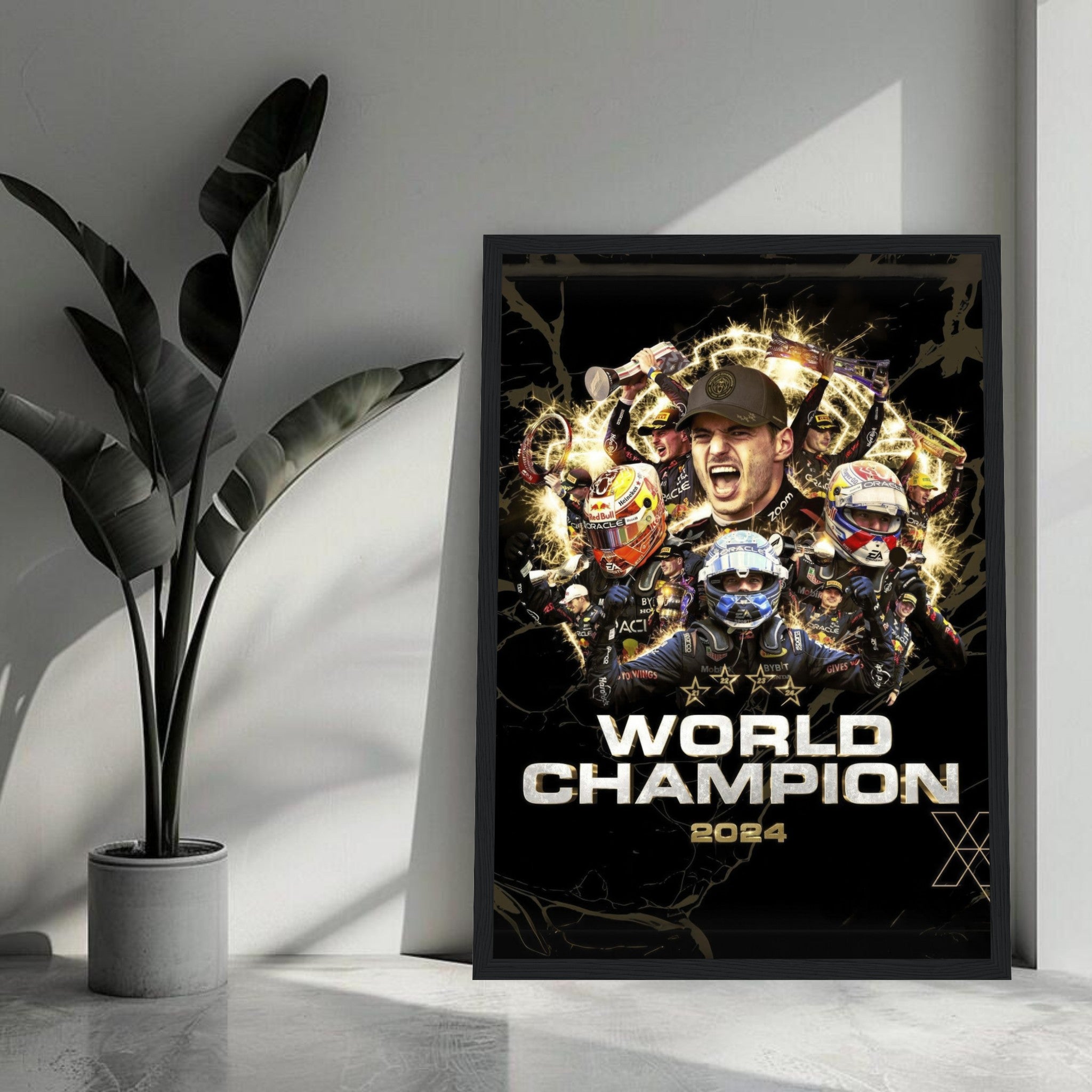 Max Verstappen 2024 F1 World Champion framed print showcasing vibrant artwork and racing excitement. Ideal for motorsport fans.