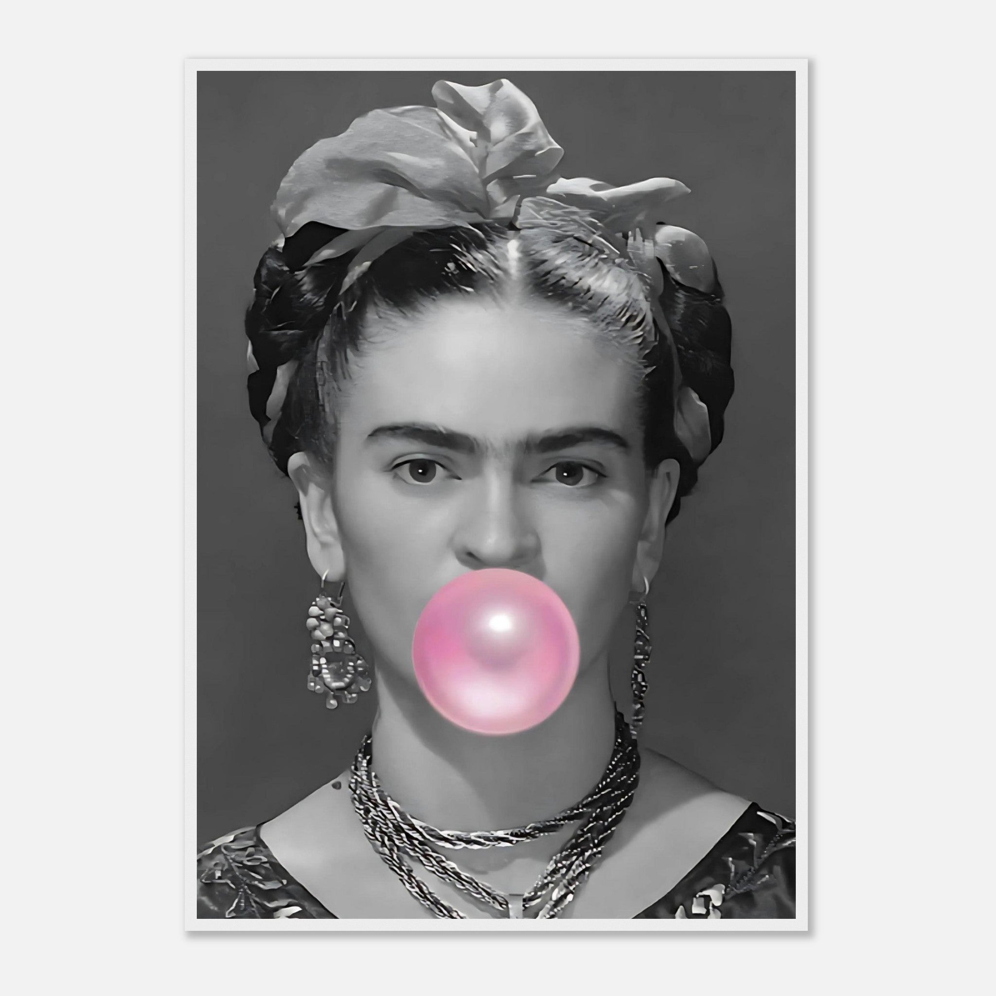 Frida Kahlo framed print featuring a black and white image with pink bubble gum for a whimsical decor touch.