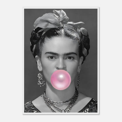 Frida Kahlo framed print featuring a black and white image with pink bubble gum for a whimsical decor touch.