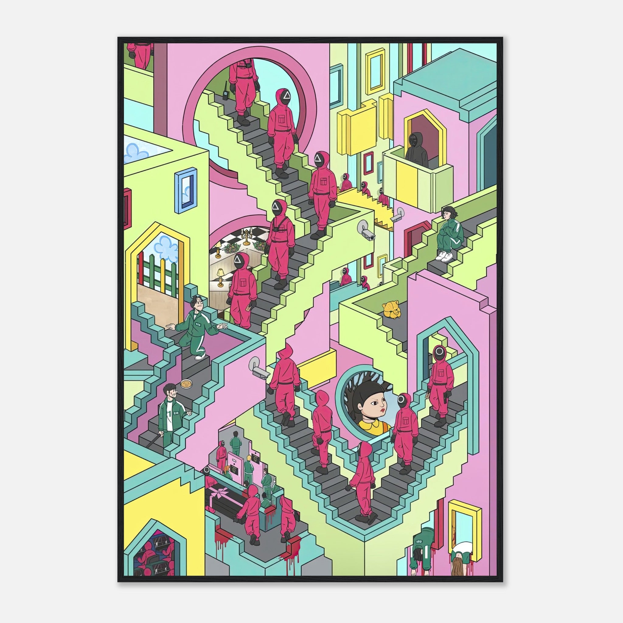 Vibrant Squid Game Stairs framed print featuring surreal architecture and faceless guards in pastel tones.