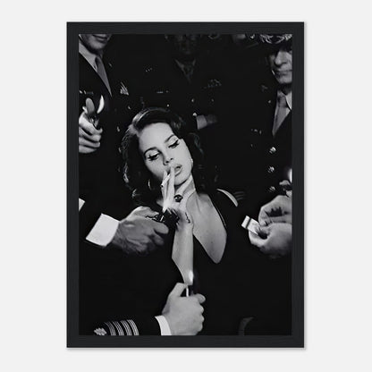 Lana Del Ray Smoking framed print in black and white, showcasing vintage Hollywood style and captivating allure.