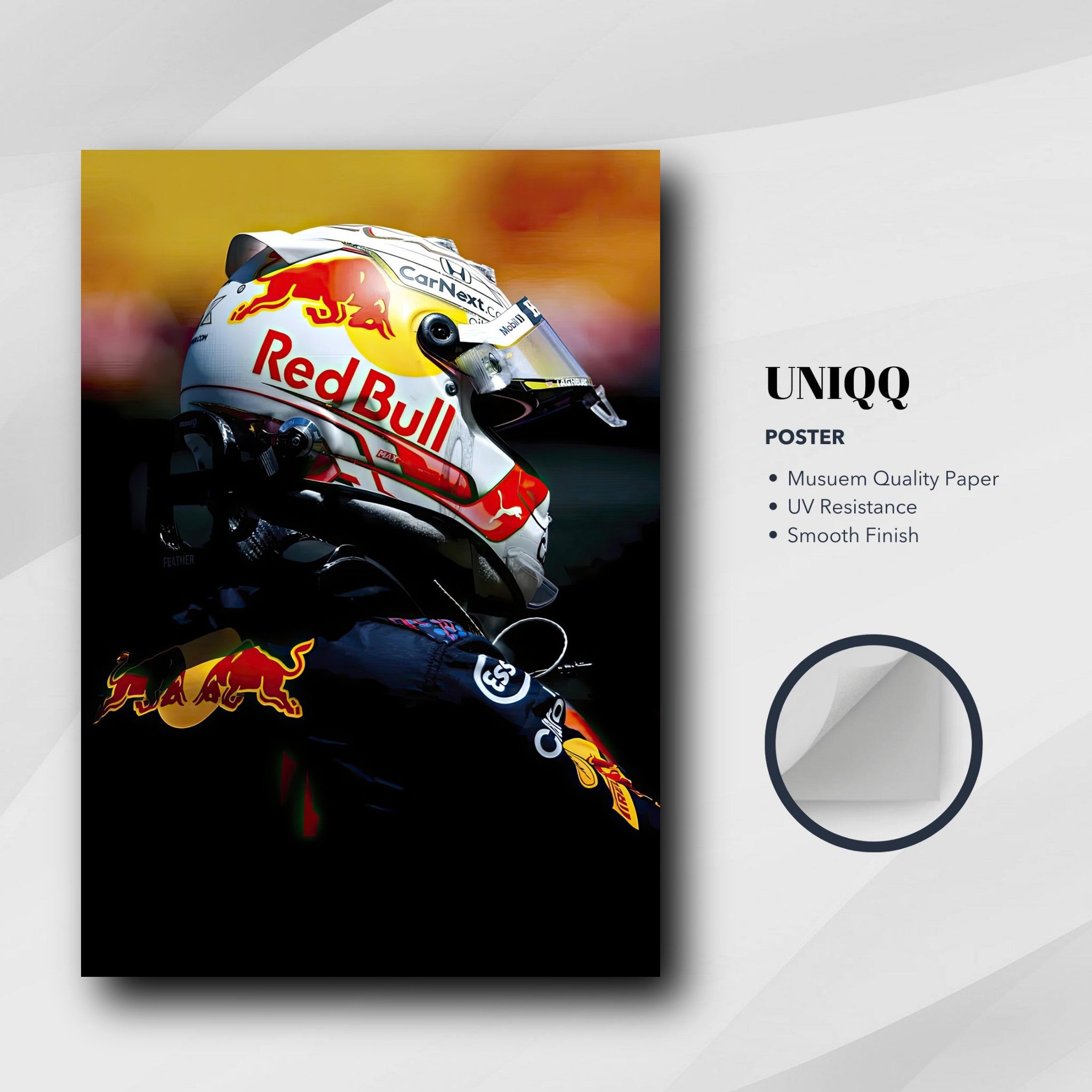 Max Verstappen Red Bull Racing poster featuring vibrant colors and premium paper, perfect for F1 fans.