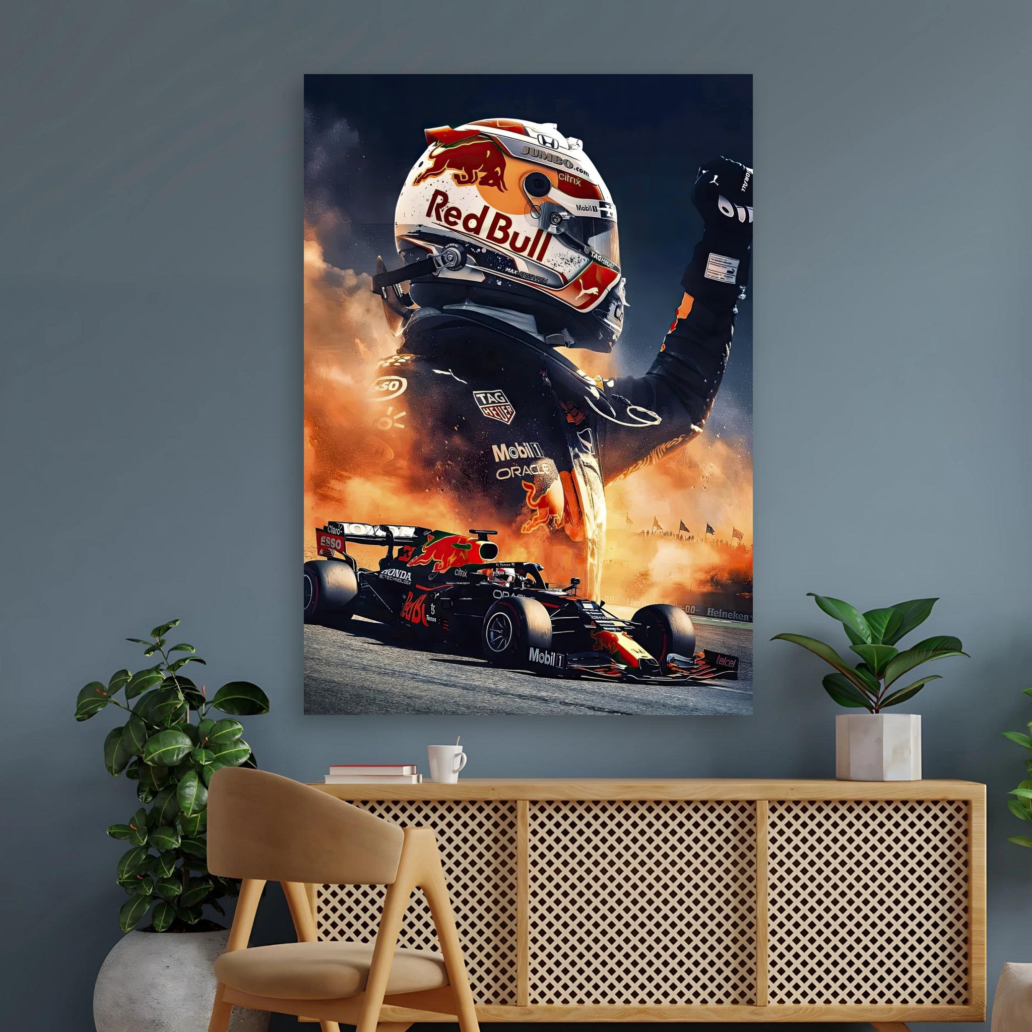 Max Verstappen Red Bull poster featuring dynamic motorsport design with vivid colors and energetic composition.