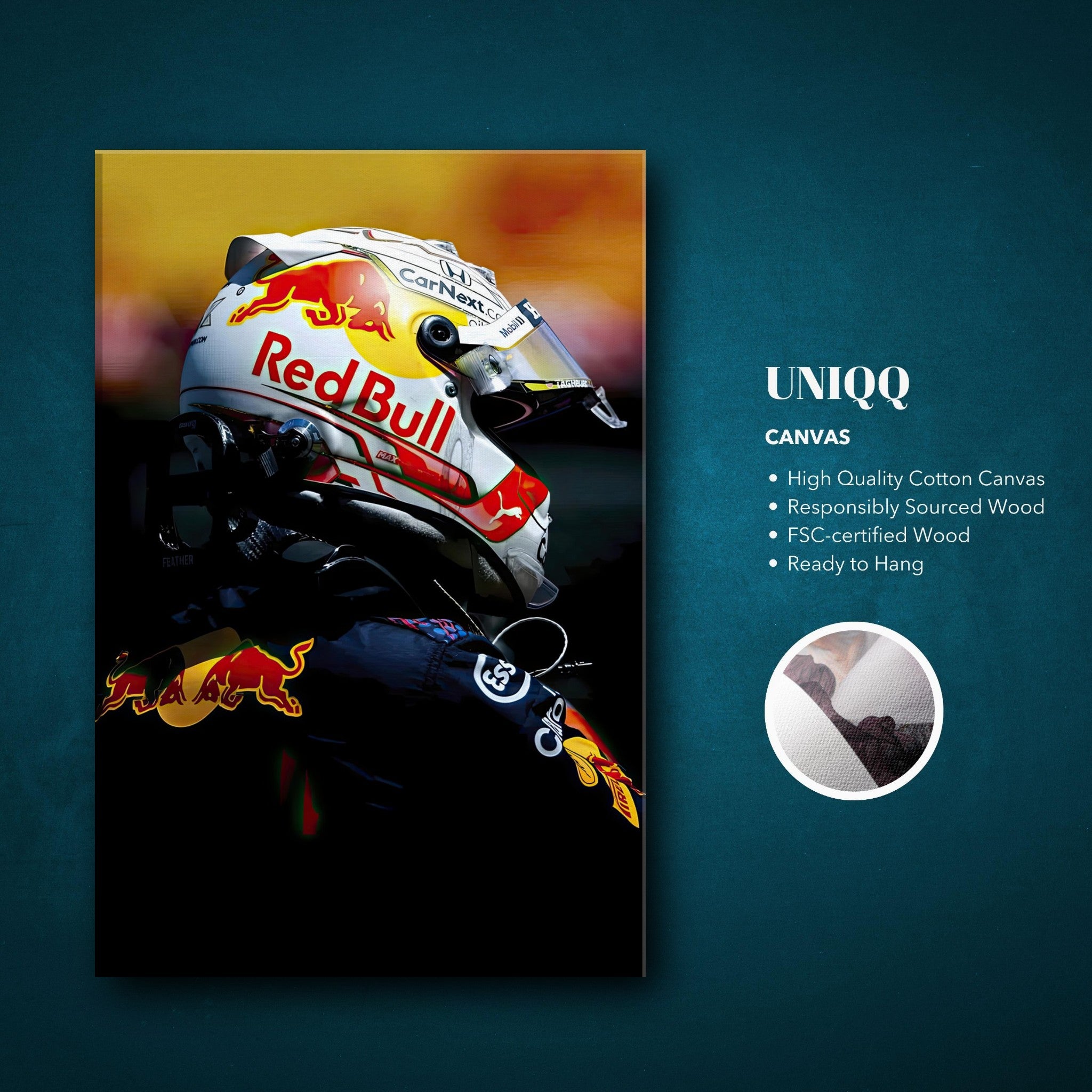 Max Verstappen canvas print in Red Bull Racing gear, high-quality, vibrant, ready to hang, perfect for Formula 1 fans.