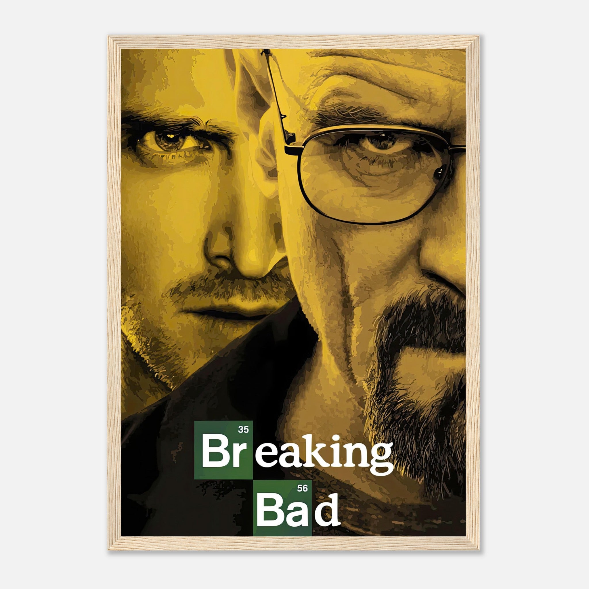 Breaking Bad official poster framed print featuring iconic characters in bold colors and dramatic design. Perfect for fans.