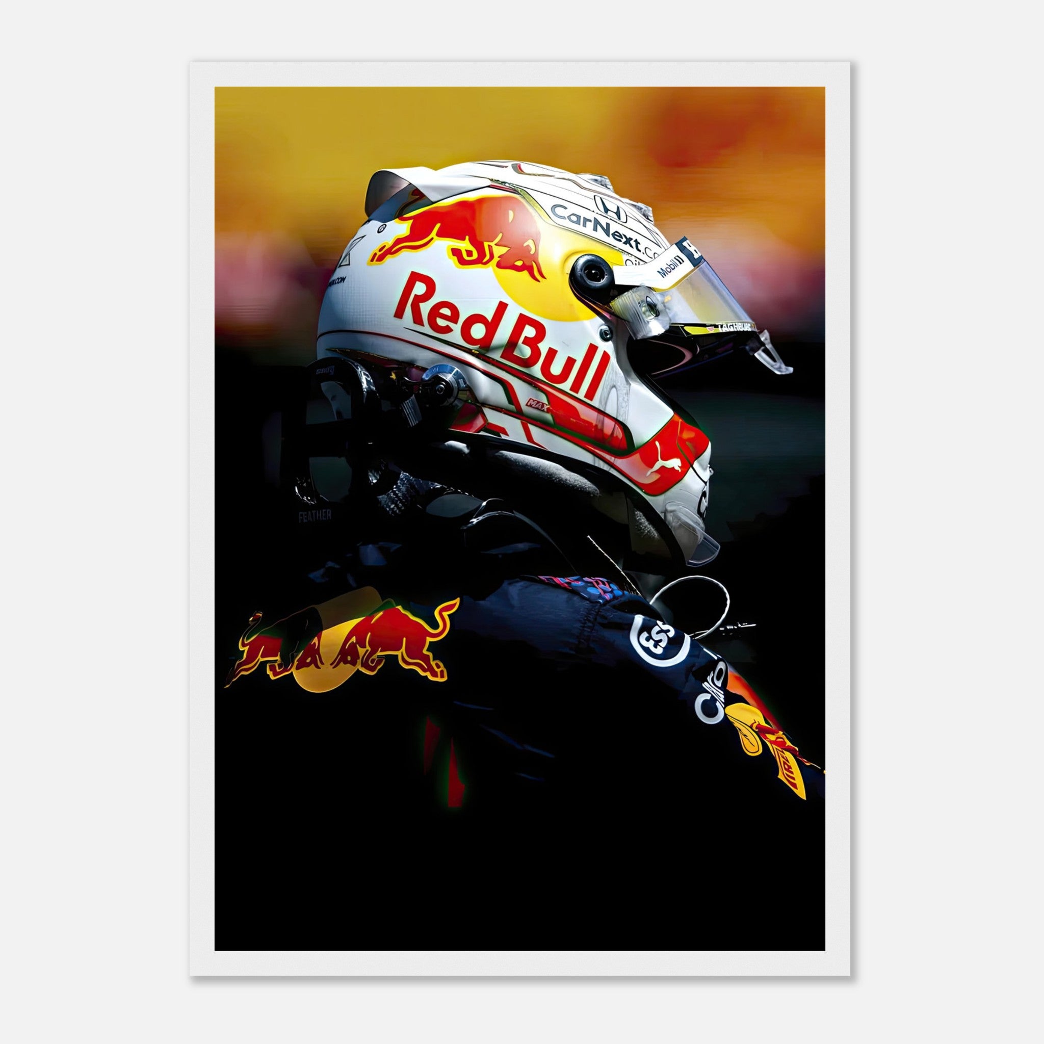 Max Verstappen Red Bull racing helmet framed print, showcasing vivid colors and dynamic design for Formula 1 fans.