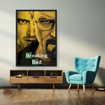 Breaking Bad official framed poster featuring iconic characters in bold tones, perfect for any fan's collection.