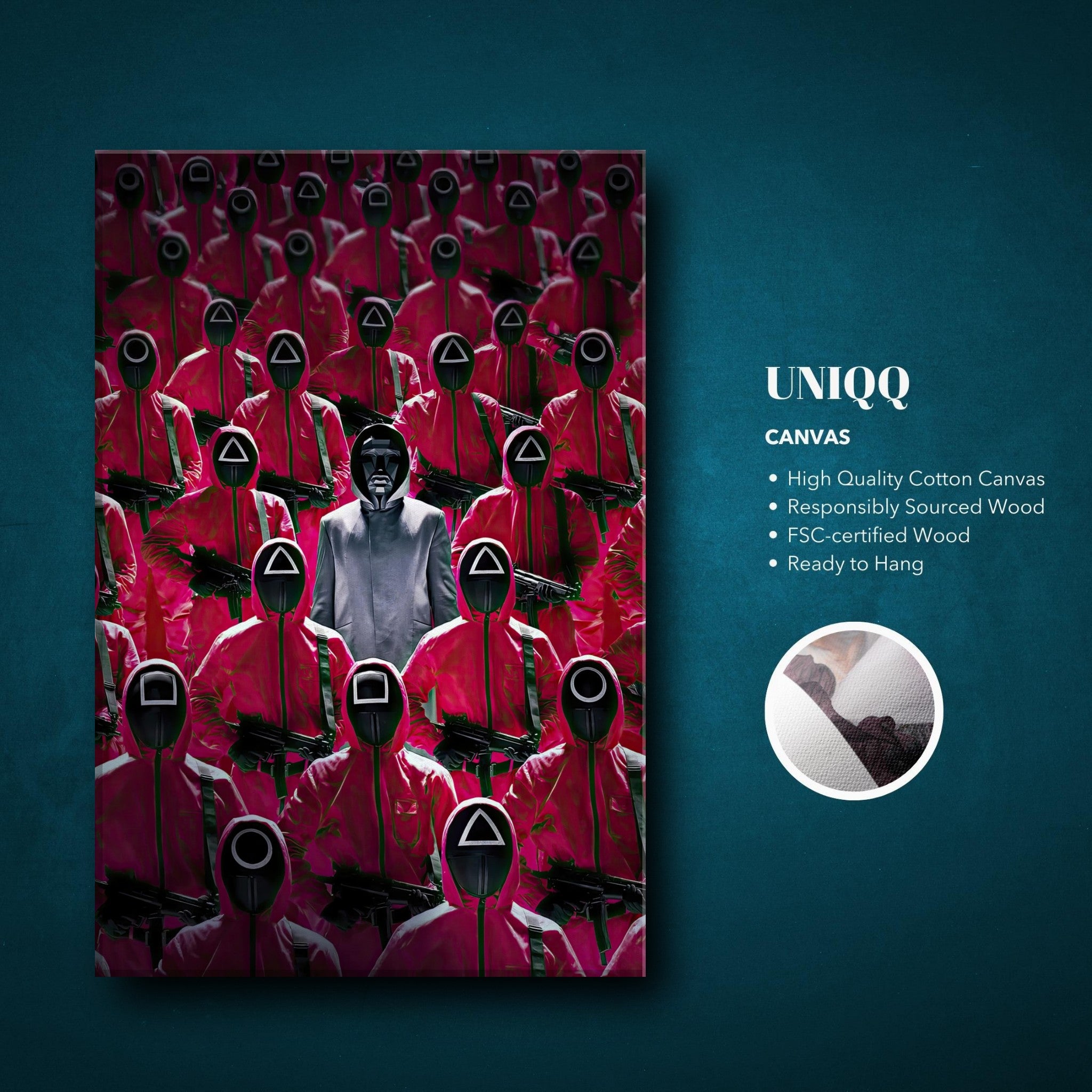 Squid Game Guards canvas print featuring guards in red uniforms and eerie masks, perfect for fans of the series.