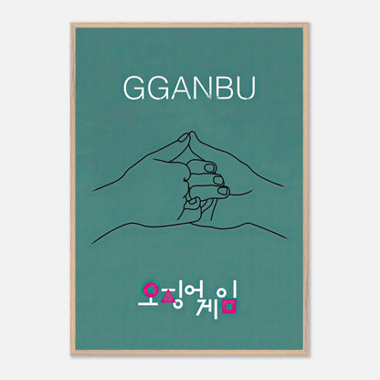 GGANBU Squid Game fine art print featuring two hands in a pinky promise against a deep teal background.