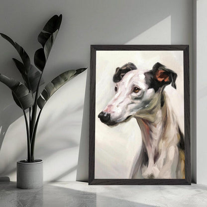 Framed painting of a greyhound dog showcasing its elegance and charm in a modern living space.