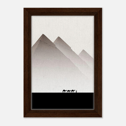 Framed canvas print of the Pyramids of Giza with camels, featuring minimalist design and earthy tones.