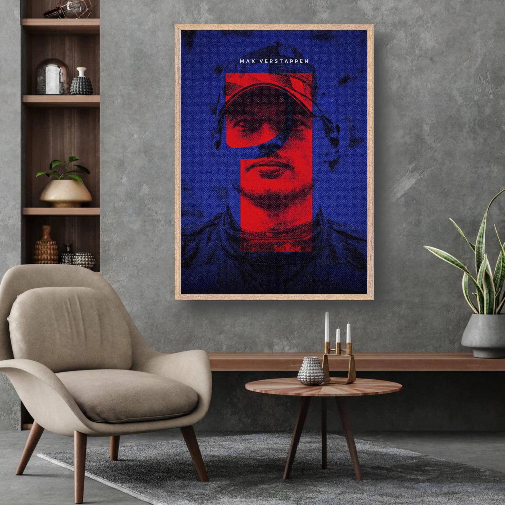 Max Verstappen fine art print framed, showcasing vibrant colors and detailed artwork in a modern living space.