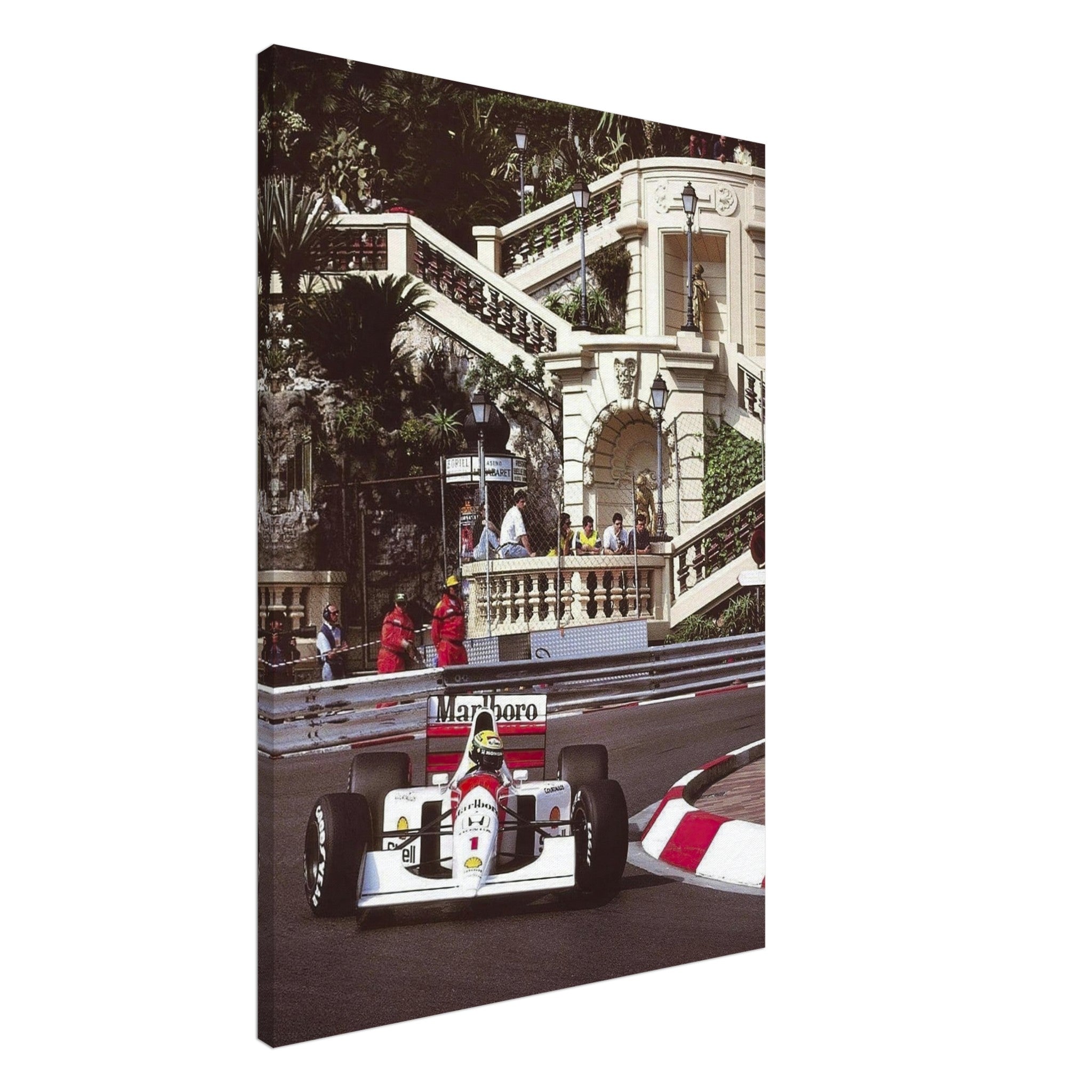 Ayrton Senna racing in a McLaren at Monaco, vibrant canvas print showcasing motorsport history and elegance.