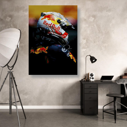 Max Verstappen metal print showcasing Red Bull Racing helmet in a modern office setting, vibrant colors and sleek design.