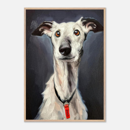 Greyhound dog painting, museum quality fine art print showcasing an expressive white Greyhound with soulful eyes.