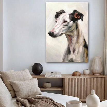 Elegant Greyhound dog painting poster displayed in a stylish living room, adding charm to the decor.