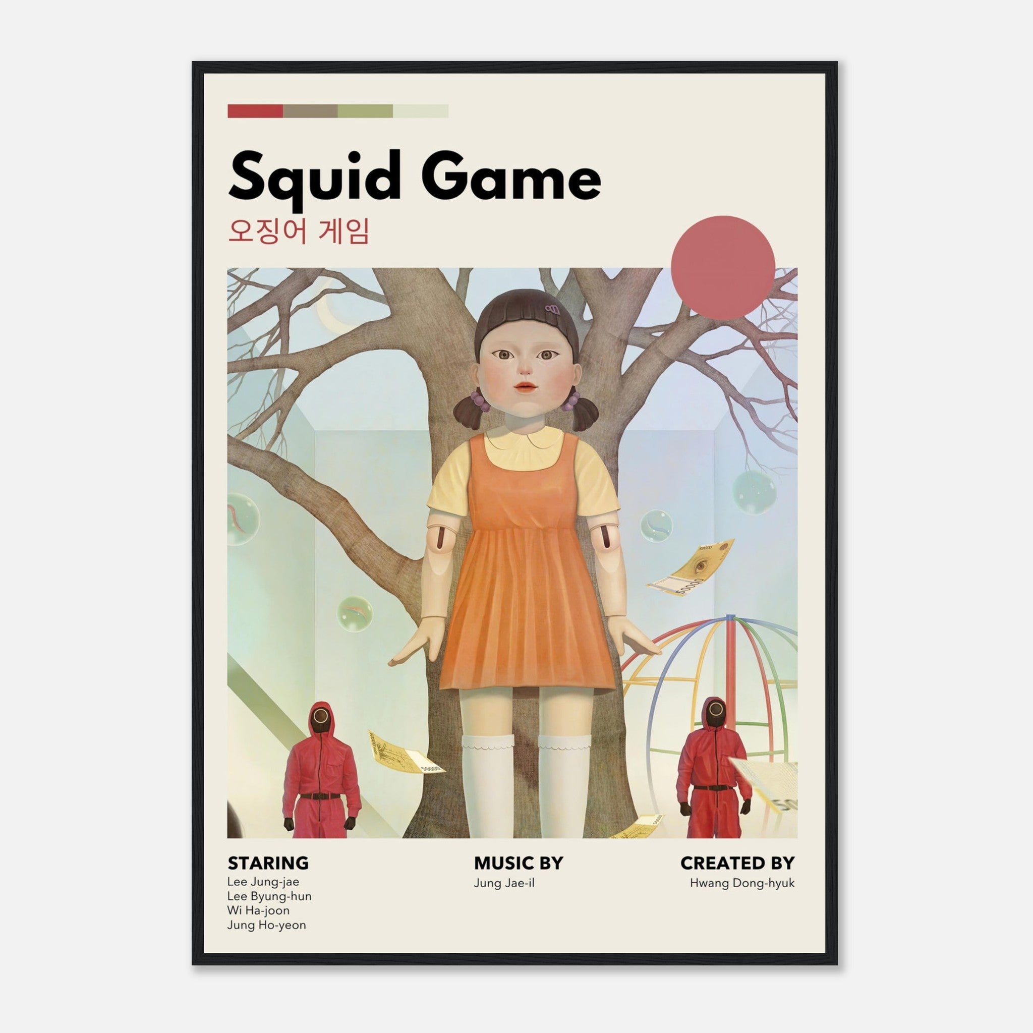 Vintage Squid Game framed poster featuring the iconic Red Light, Green Light doll in a retro style.