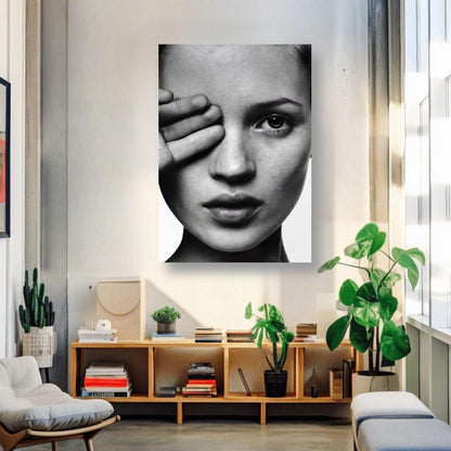 Kate Moss black and white metal print artwork displayed in a modern living room setting.