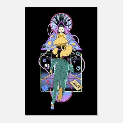 Doll Squid Game metal print showcasing vibrant artwork on a sleek black background, highlighting suspenseful design elements.