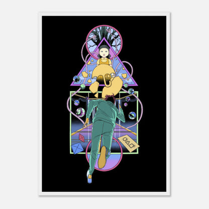 Framed print of Doll from Squid Game with vibrant colors and a player in action, perfect for fans of the series.