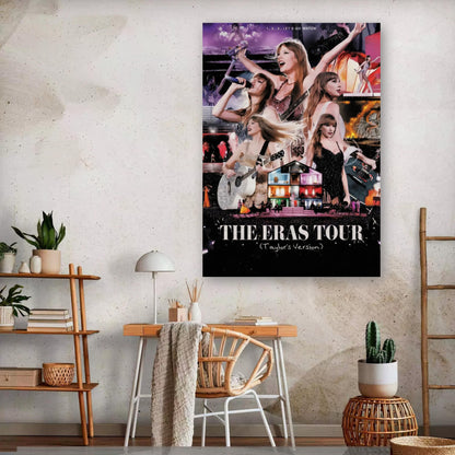 Taylor Swift Eras Tour metal print showcasing vibrant imagery and costumes, perfect for fans and collectors of Swift memorabilia.