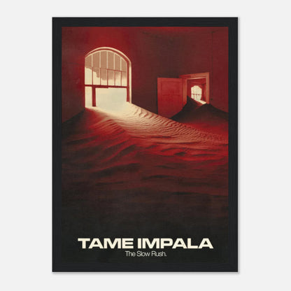 Framed print of Tame Impala's album *The Slow Rush* featuring surreal desert imagery and warm red tones.