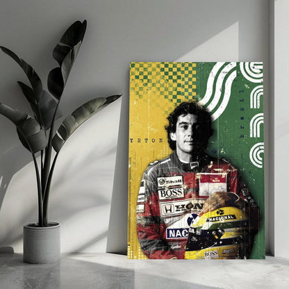 Ayrton Senna F1 legend metal poster featuring vibrant Brazilian colors, showcasing Senna's iconic race suit and helmet.