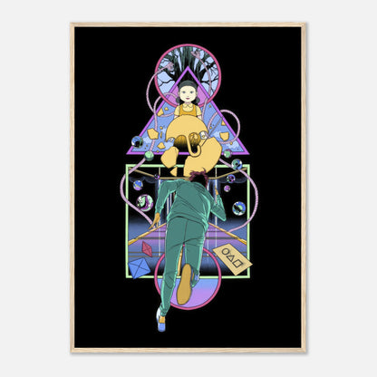 Doll Squid Game framed print featuring iconic doll and a player in vibrant colors and striking design. Perfect for fans.