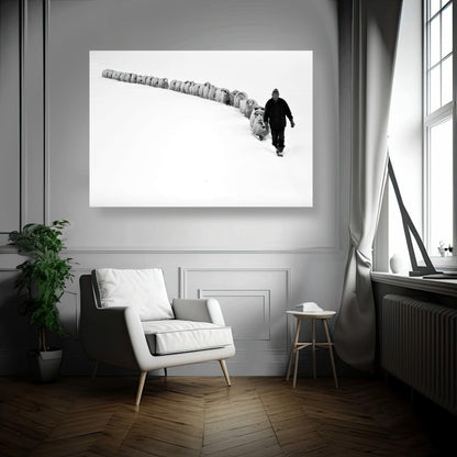 Black-and-white metal print depicting a shepherd leading his flock through a snowy landscape in a modern living room.
