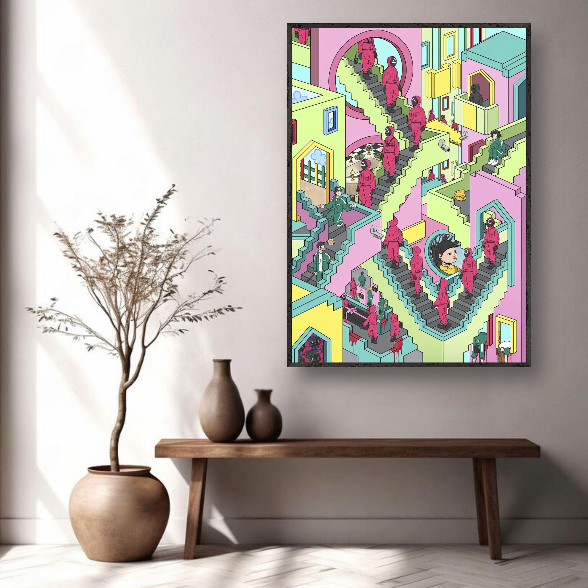 Squid Game Stairs fine art print featuring vibrant colors and intricate details in a modern living space.