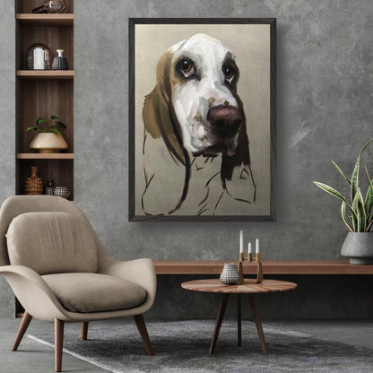 Basset Hound dog painting in a modern living room setting with stylish decor and furniture.