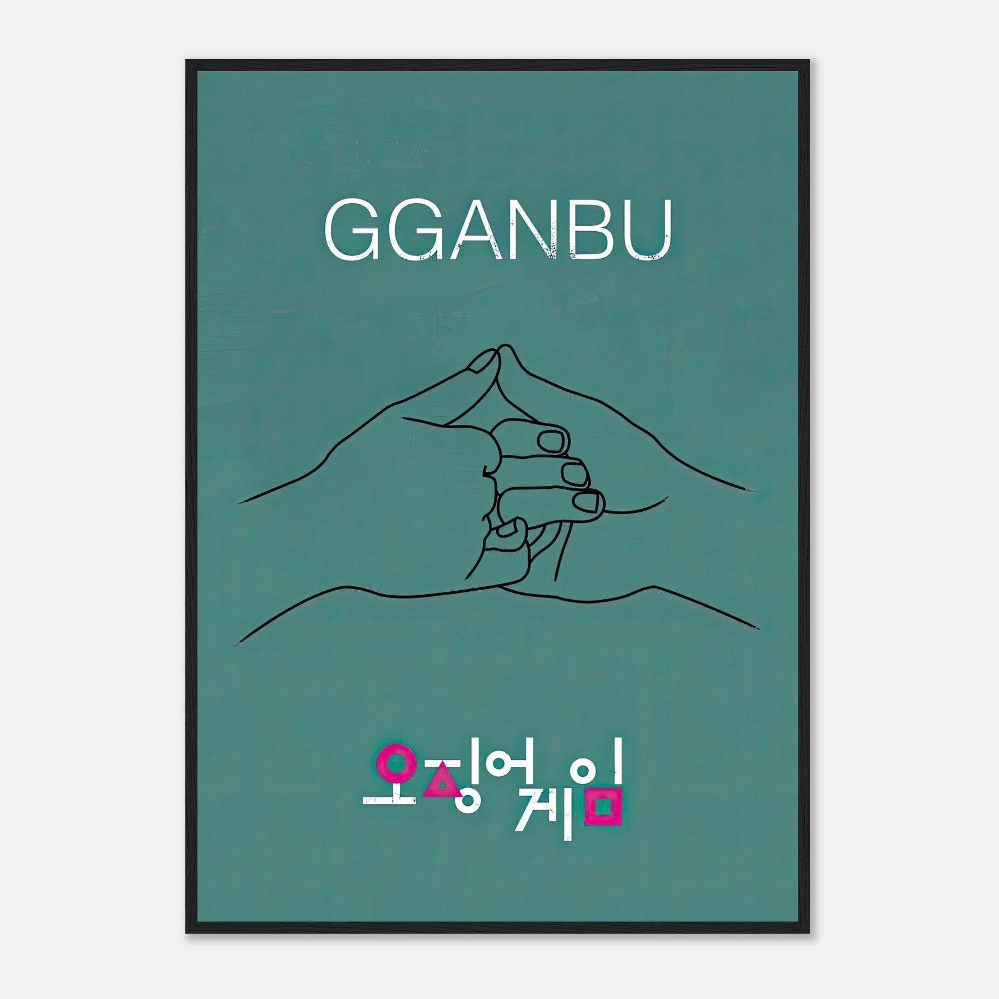 GGANBU Squid Game framed print featuring minimalist line art of the iconic handshake on a teal background.