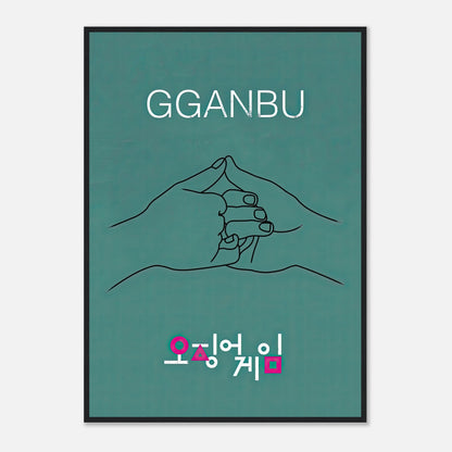 GGANBU Squid Game framed print featuring minimalist line art of the iconic handshake on a teal background.