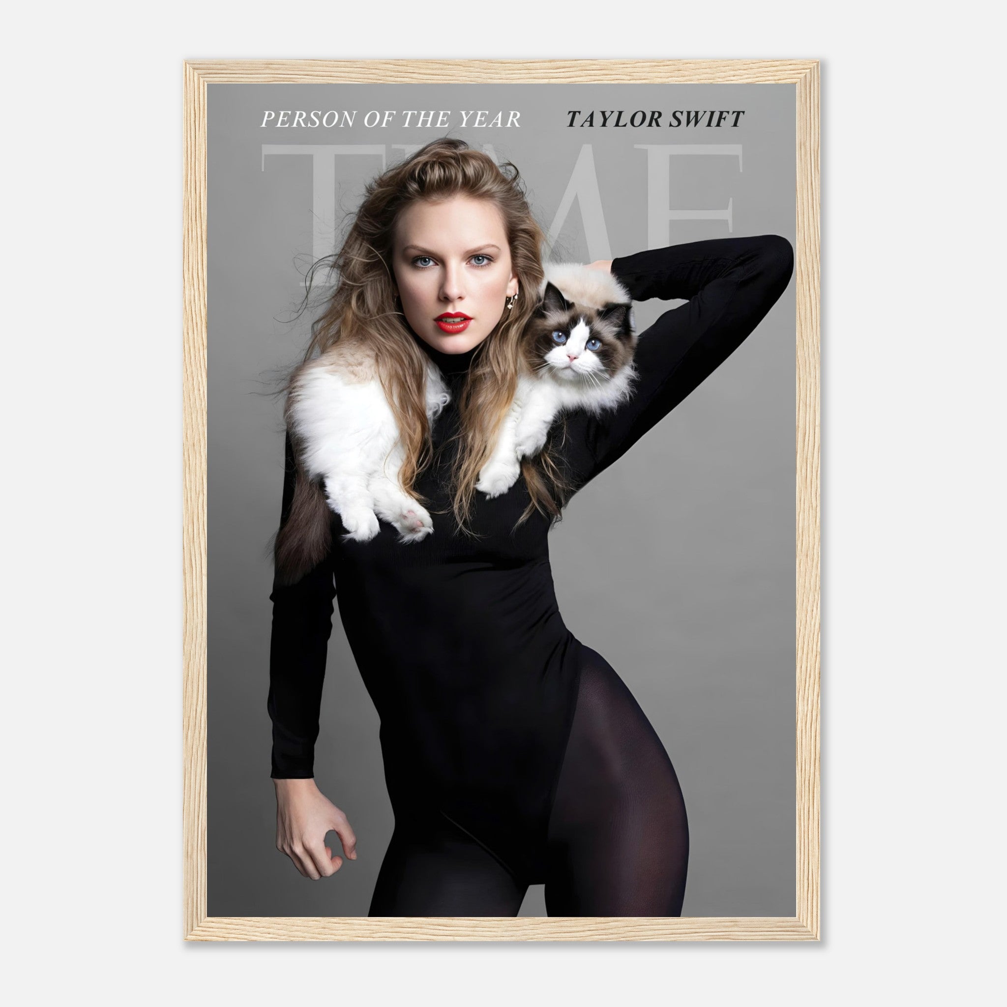 Taylor Swift framed print as Time Magazine's Person of the Year, featuring her with a cat in an elegant black outfit.