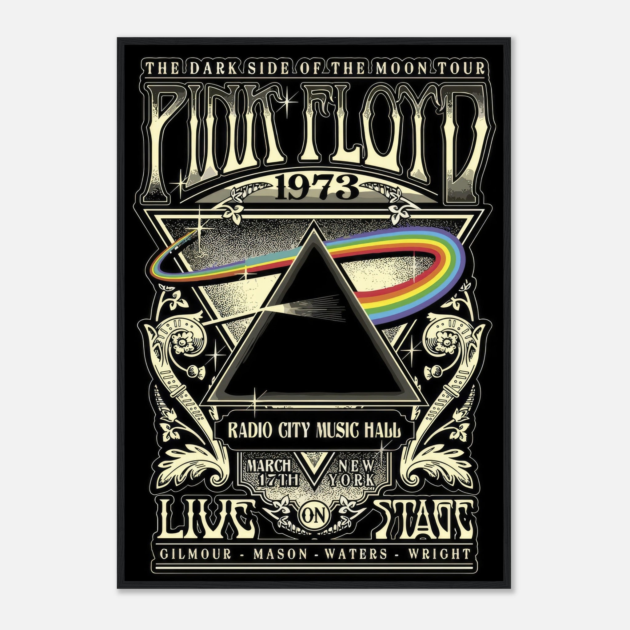 Pink Floyd 1973 Radio City Music Hall tour poster framed print featuring iconic prism and spectrum artwork.