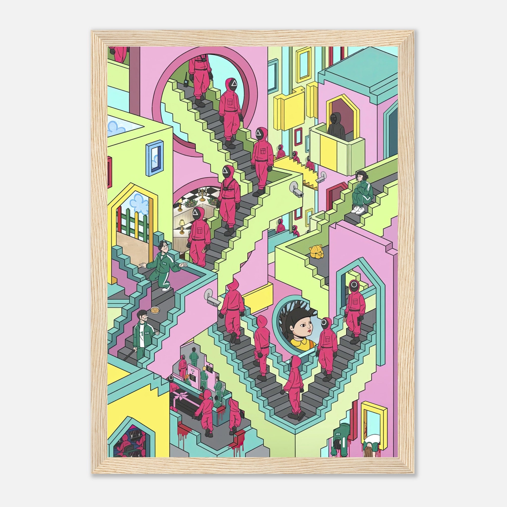 Squid Game Stairs framed print featuring surreal, colorful artwork with geometric staircase design and faceless guards.