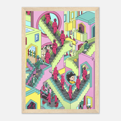 Squid Game Stairs framed print featuring surreal, colorful artwork with geometric staircase design and faceless guards.