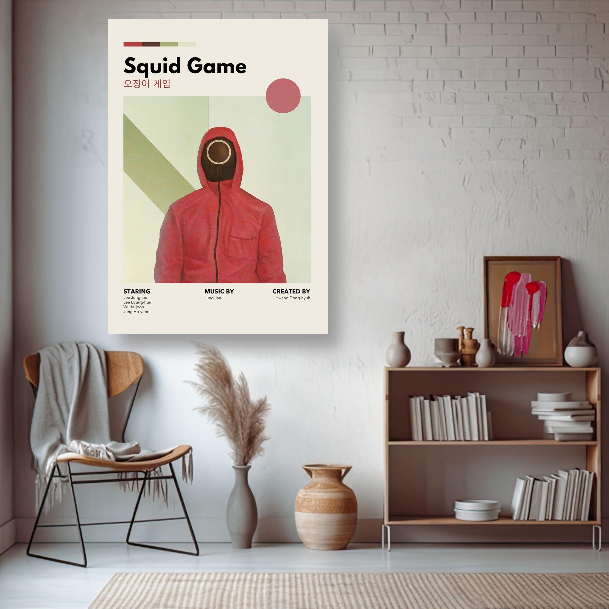 Vintage Squid Game metal print featuring iconic red-suited guard design, showcasing minimalist artwork for fans.