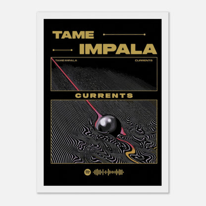 Tame Impala Currents framed poster featuring vibrant psychedelic artwork and bold text design. Perfect for music and art lovers.