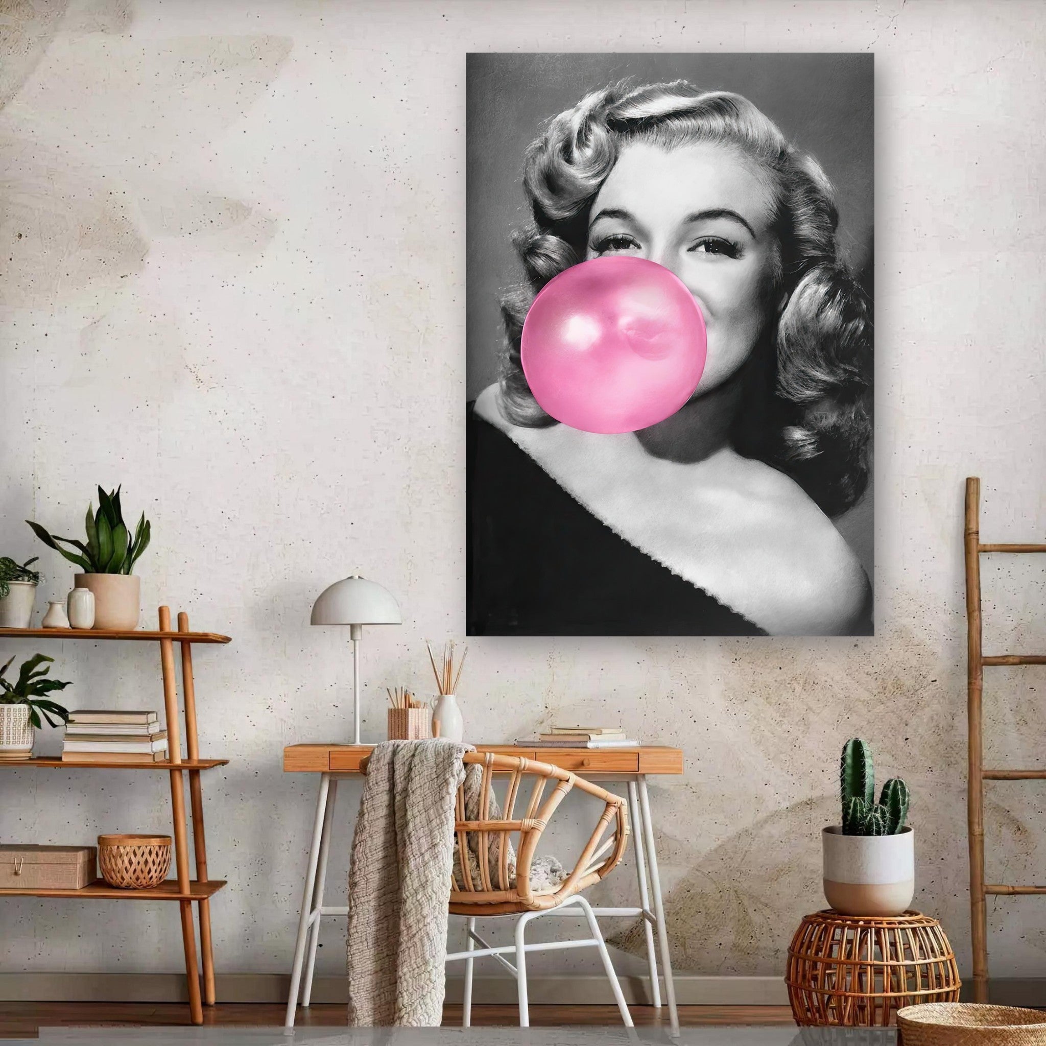 Marilyn Monroe Bubble Gum metal print showcasing iconic Hollywood glamour with playful bubble blowing in a stylish decor setting.