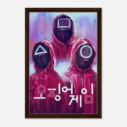 Framed canvas print of Squid Game masked guards in red uniforms with geometric symbols and Korean text.